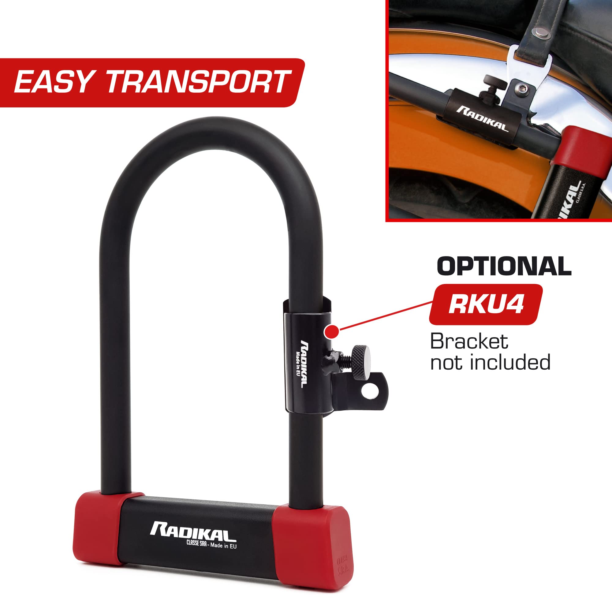 RADIKAL RK120220 Antivol Moto et Vélo Premium Homologué SRA, U Ø18mm en Acier Cémenté, Blocage Haute Sécurité, Double Verrouillage, Revêtement Protecteur, Antivol Vélo Électrique Scooter, 120x220mm