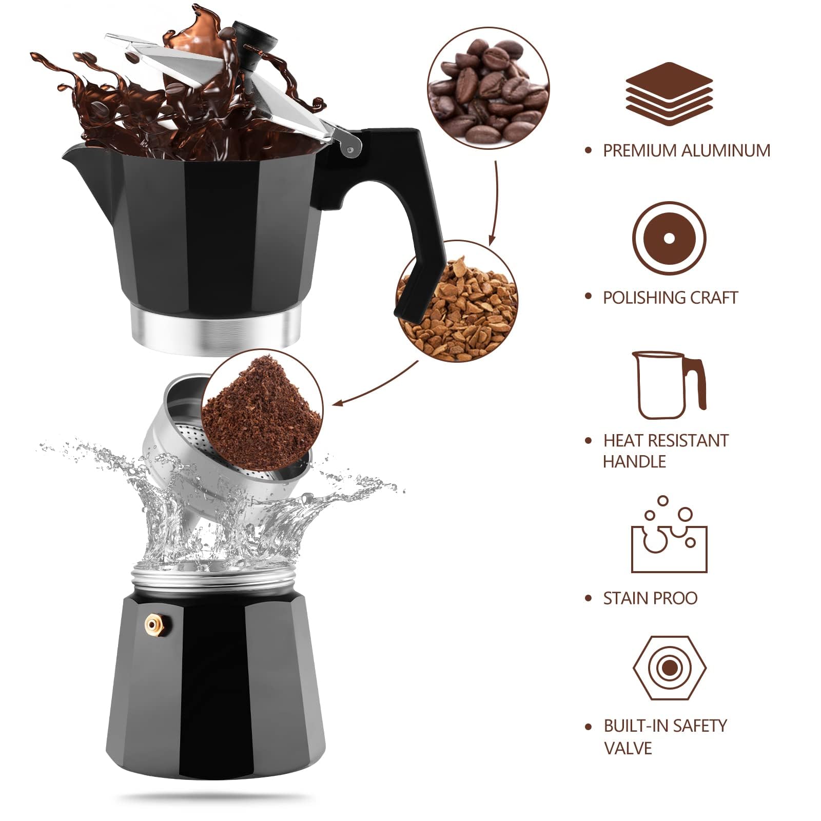 wedrink Moka pot Coffee Makers 6 Cups,Aluminum Stovetop Espresso Maker Coffee Percolator Moka Pot Caffettiera 300ml(Black) - Image 3