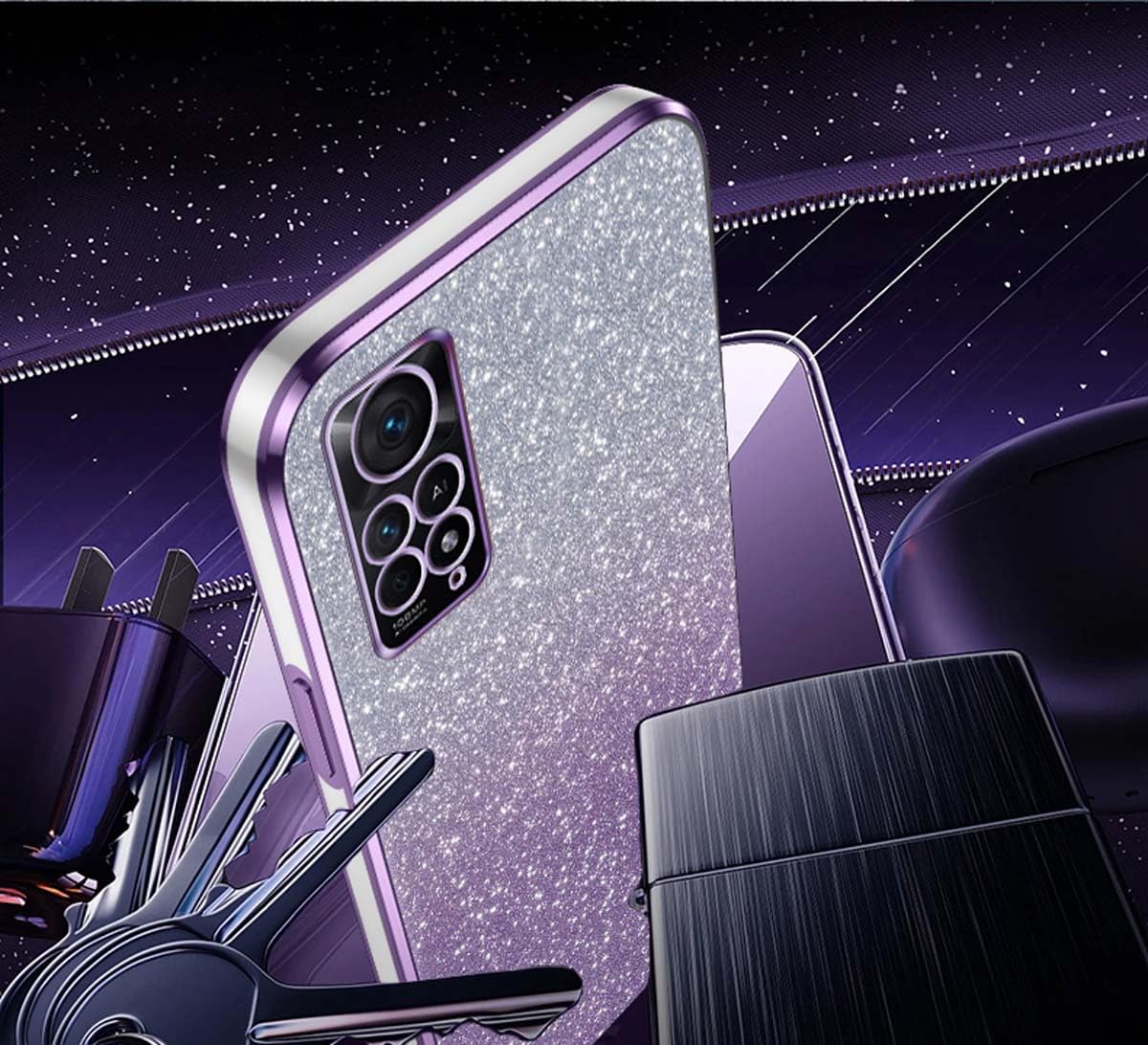 Handyhülle Für Redmi Note 12 Pro 4G / Note 11 Pro 4G/5G – Transparent Mit Glitzerfolie & Galvanikrahmen | Stoßfest & Stylisch