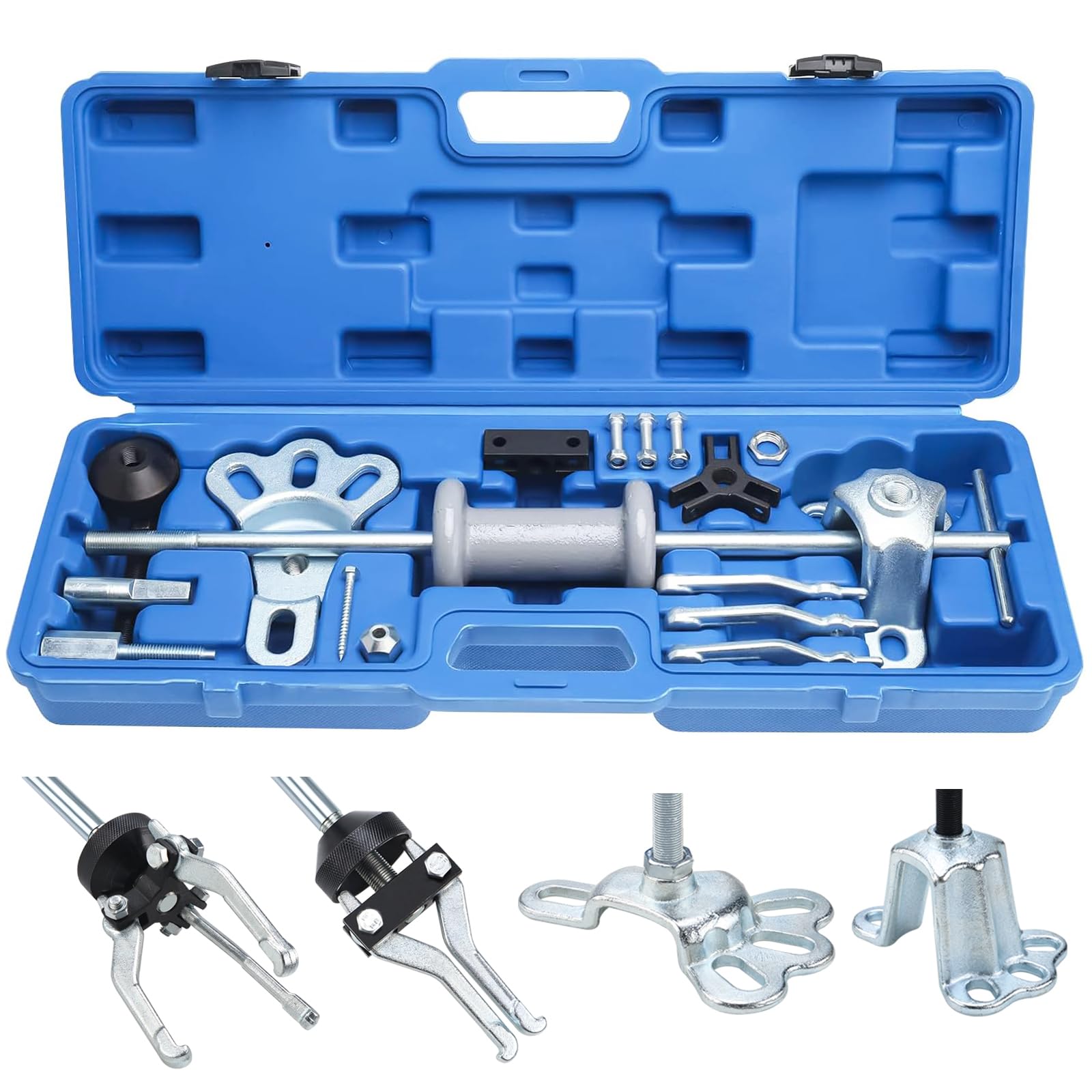 FreeTec 9 en 1 Extractor de Martillo Inercia, Extractor Bujes y Rodamientos con Martillo Deslizante, 2 Tams. Extractores Buje, 3 Garras Extractores Rodamientos Internos, Extracción Abolladuras Coche