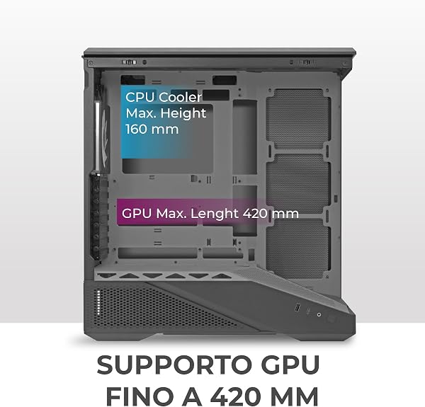 Noua Cool GH200 | Case PC Gaming ATX Mid Tower | Ventola PWM Led ARGB | USB 3.0 e Type-C | Supporto Raffreddamento Liquido 360 mm | Vetro Temperato e Mesh | Bianco - 5