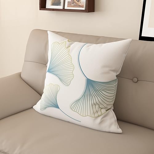 Sladjana Funda de almohada de mezcla de algodón y lino de estilo nórdico con patrón de hojas de ginkgo, funda de cojín para sofá del hogar, funda de