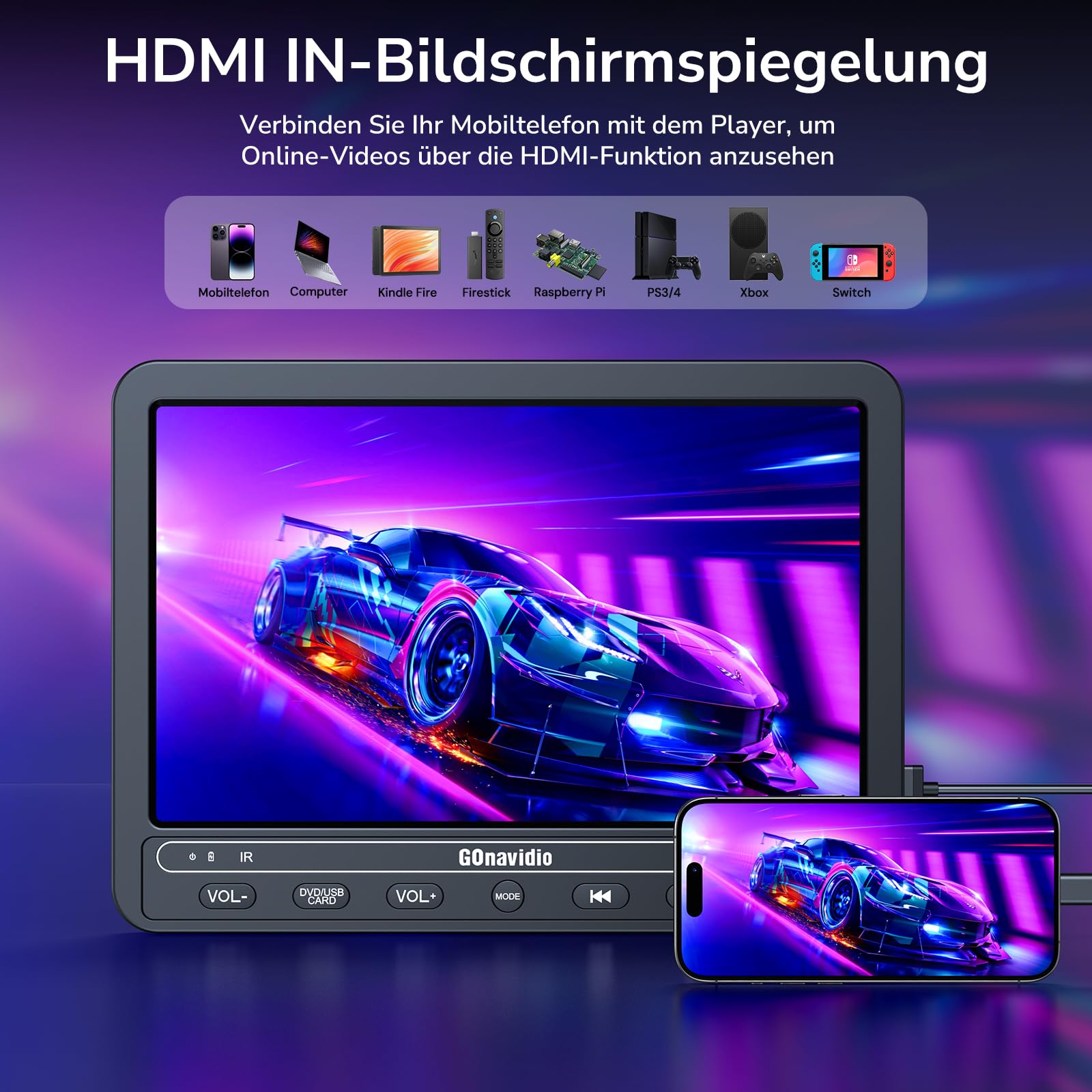 10,5 Zoll Auto DVD Player mit 5 Stunden Akuu, HDMI-Eingang, Kopfhörer, Auto TV Monitor Rücksitz für Kinder, Unterstützung von USB/SD