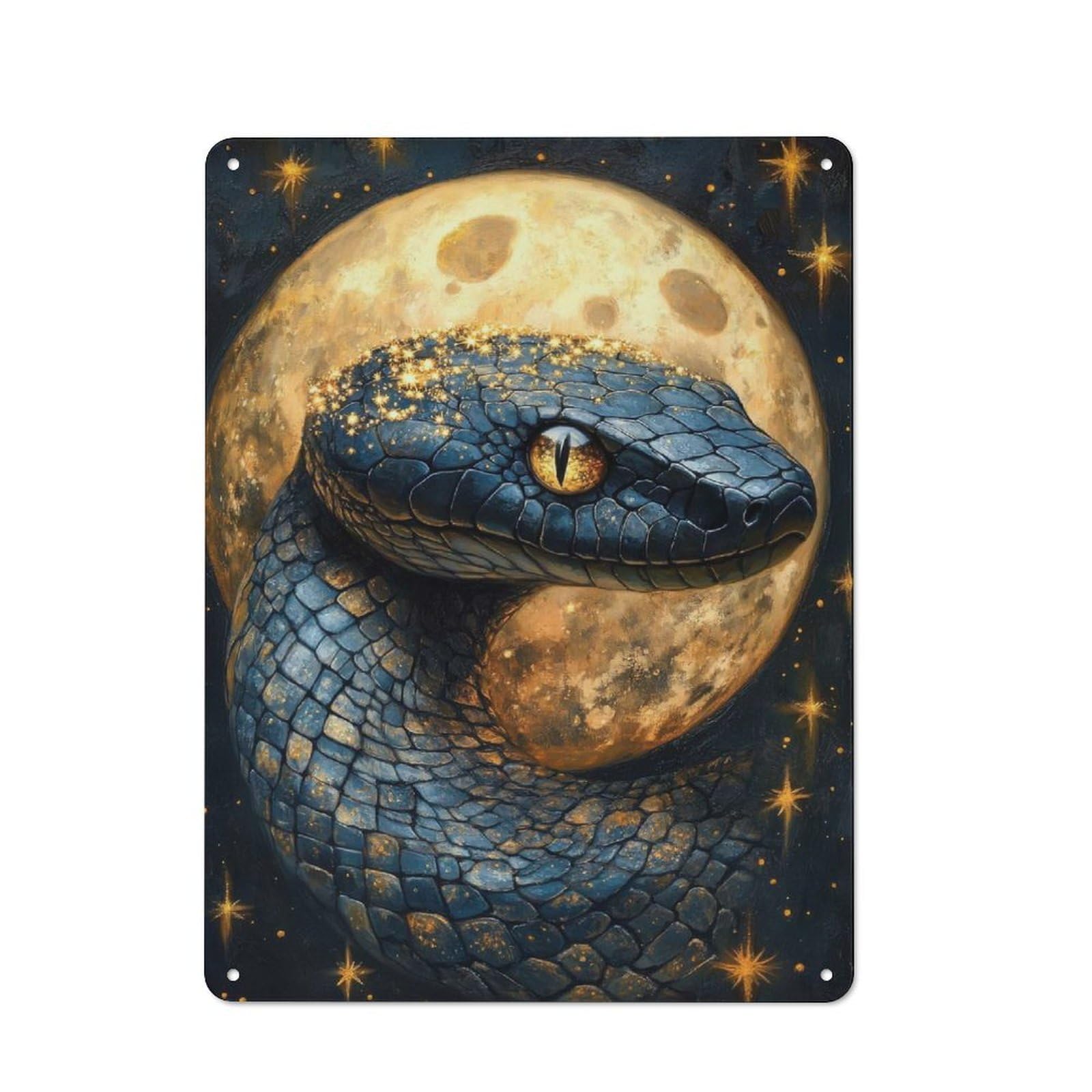 Rustic Cosmic Serpent And Golden Moon Decorative Tin Sign 40x30cm, Cottage Wall Art for Cottage, Kitchen, Hallway Or Breakfast Nook