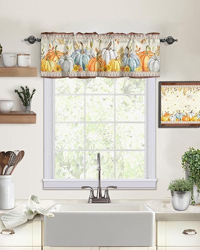 Miniatura 9 de Cenefa de otoño para ventanas, cenefas de calabaza azul, cenefa con bolsillo para barra, tratamientos de ventana, cortinas cortas de otoño para