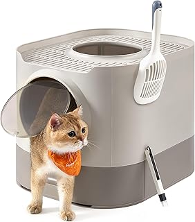 Feandrea PPT002G01 Cat Litter Tray XXL with Lid Extendable Tray Shovel Brush for Cats of Various Sizes Less Traces Oatmeal Warm Grey product image