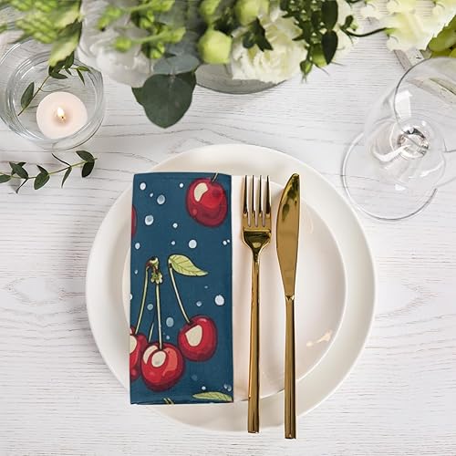 Miniatura 2 de Juego de 4 servilletas de tela de 20 x 20 pulgadas, diseño de lunares de cerezo, pintadas con frutas, lavables, reutilizables, para cocina,