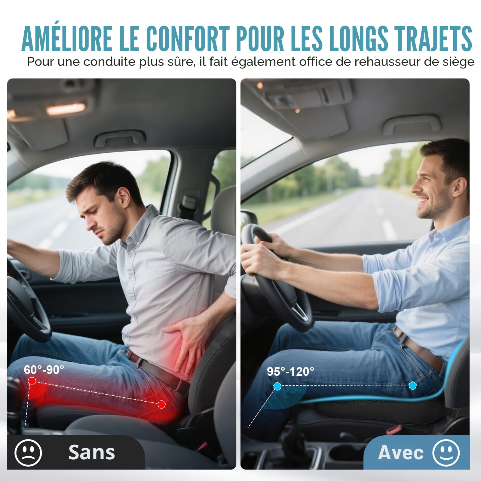 Coussin de Siège Auto – Rehausseur Ergonomique en Mousse à Mémoire de Forme avec Fond Antidérapant et Sangle Réglable – Coussin de Siège pour Voiture, Camion, Bureau et Maison