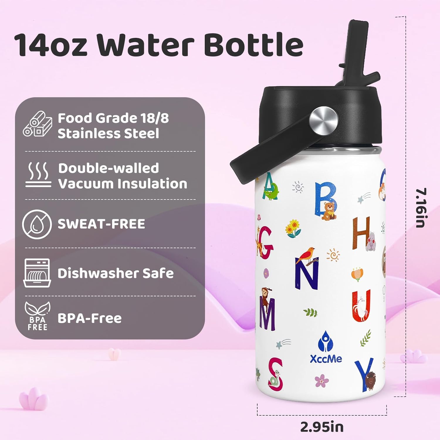 Alphabet Kids Water Bottle With Straw Lid,14 oz Stainless Steel Travel Bottle,Double Wall Leak Proof Kids Cup,Insulated Tumbler for Toddlers,Metal Animal Bottle for School Boys Girls