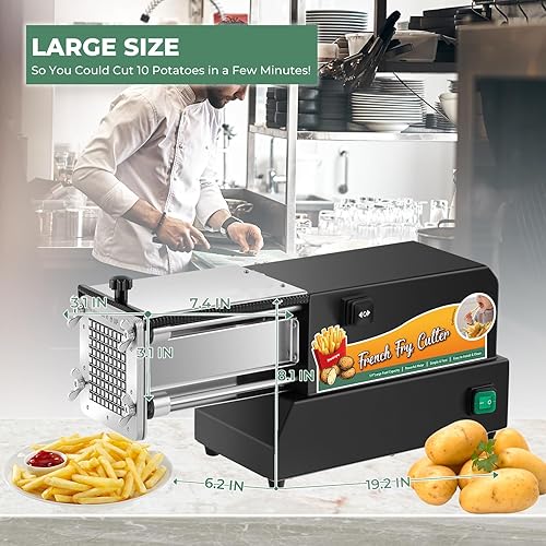 Miniatura 7 de Huanyu Cortador de papas fritas comercial, cortador eléctrico de papas, cortador profesional de acero inoxidable con 4 cuchillas para papa, batata,