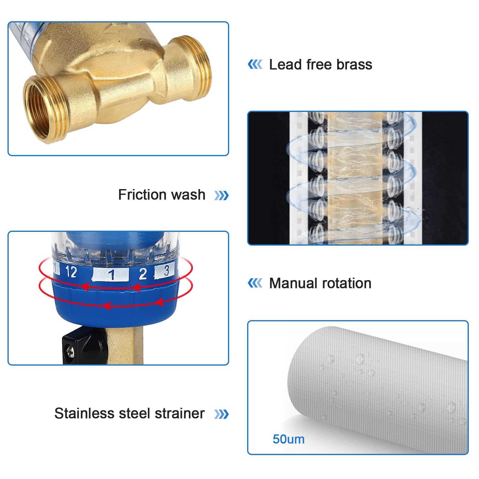 Filtro de Agua de Sedimentos Giratorio Reutilizable, Prefiltro Purificador G1 MNPT G3/4 FNPT