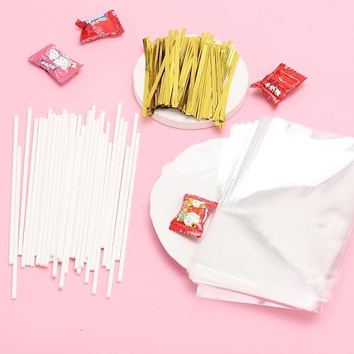 Miniatura 4 de Juego de 600 palitos y envoltorios para tartas, incluye palitos de papel de 6 pulgadas, bolsas transparentes de 4 x 6 pulgadas y lazos dorados,