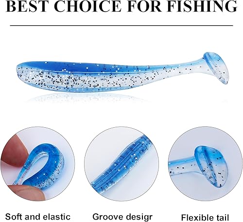 Miniatura 4 de Señuelos de pesca suaves, 90 piezas de señuelos de pesca de plástico suave y 5 piezas de anzuelos, kit de señuelos de pesca de cola de pala de