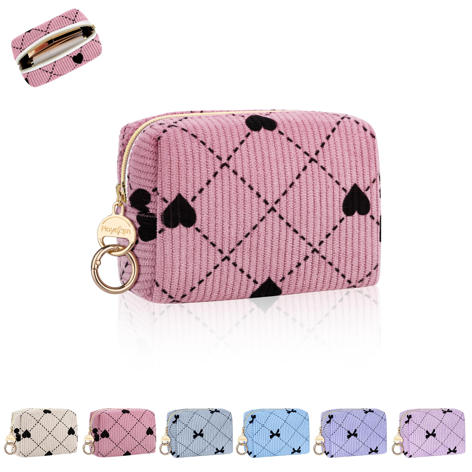 Kosmetiktasche Mini Klein Schminktasche Damen Make up Tasche Kleine Reise Zubehör Cord Kulturtasche mit Reißverschluss Kulturbetuel Organizer Freundin 11 * 5,5 * 8,5cm(Herz-Rosa)
