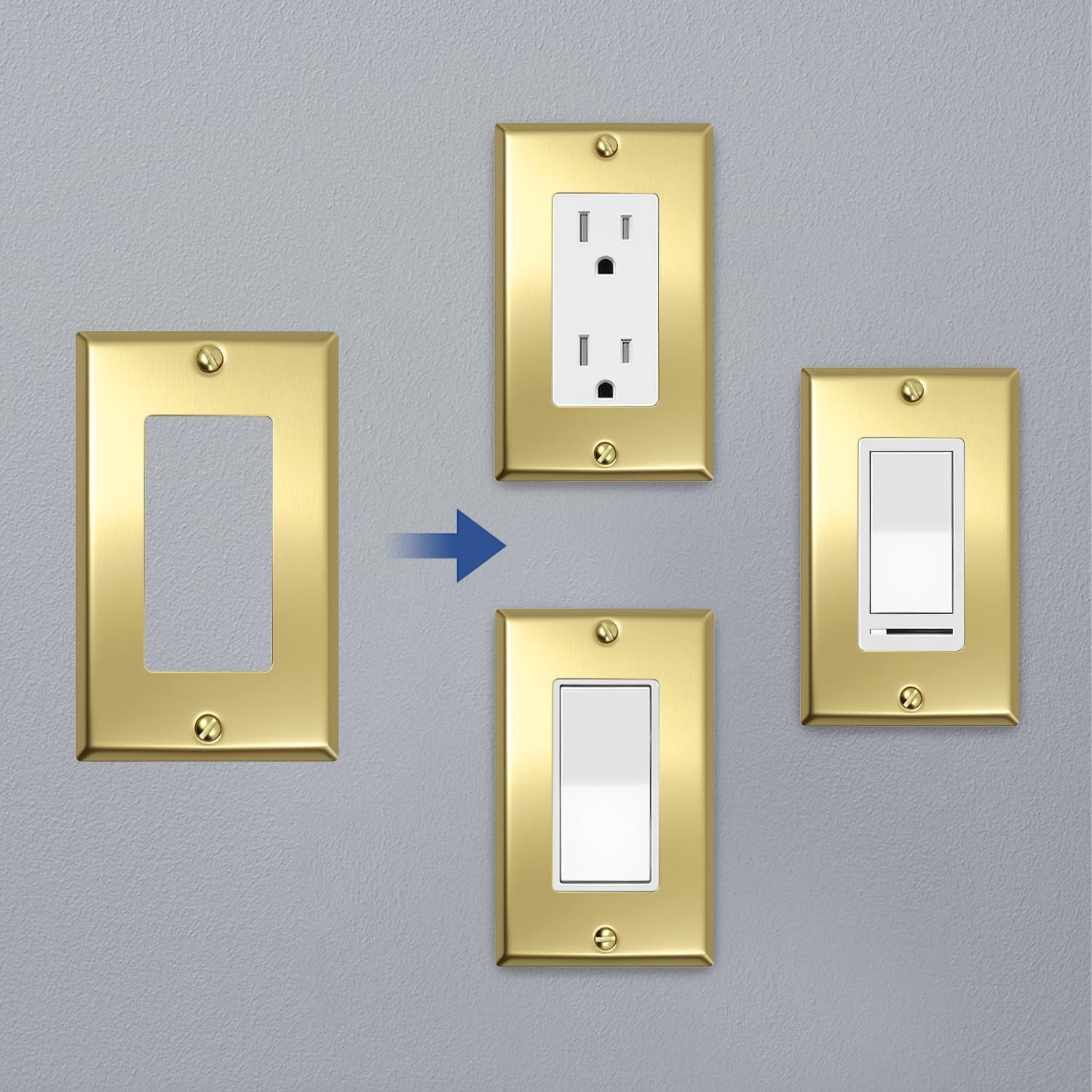 Decorator Light Switch Cover Plate, Receptacle Outlet Cover Wall Plate, 1-Gang Standard Size Metal Brass Switch Plate Covers 4.50" x 2.76" Switch Plates and Outlet Covers-1 Pack
