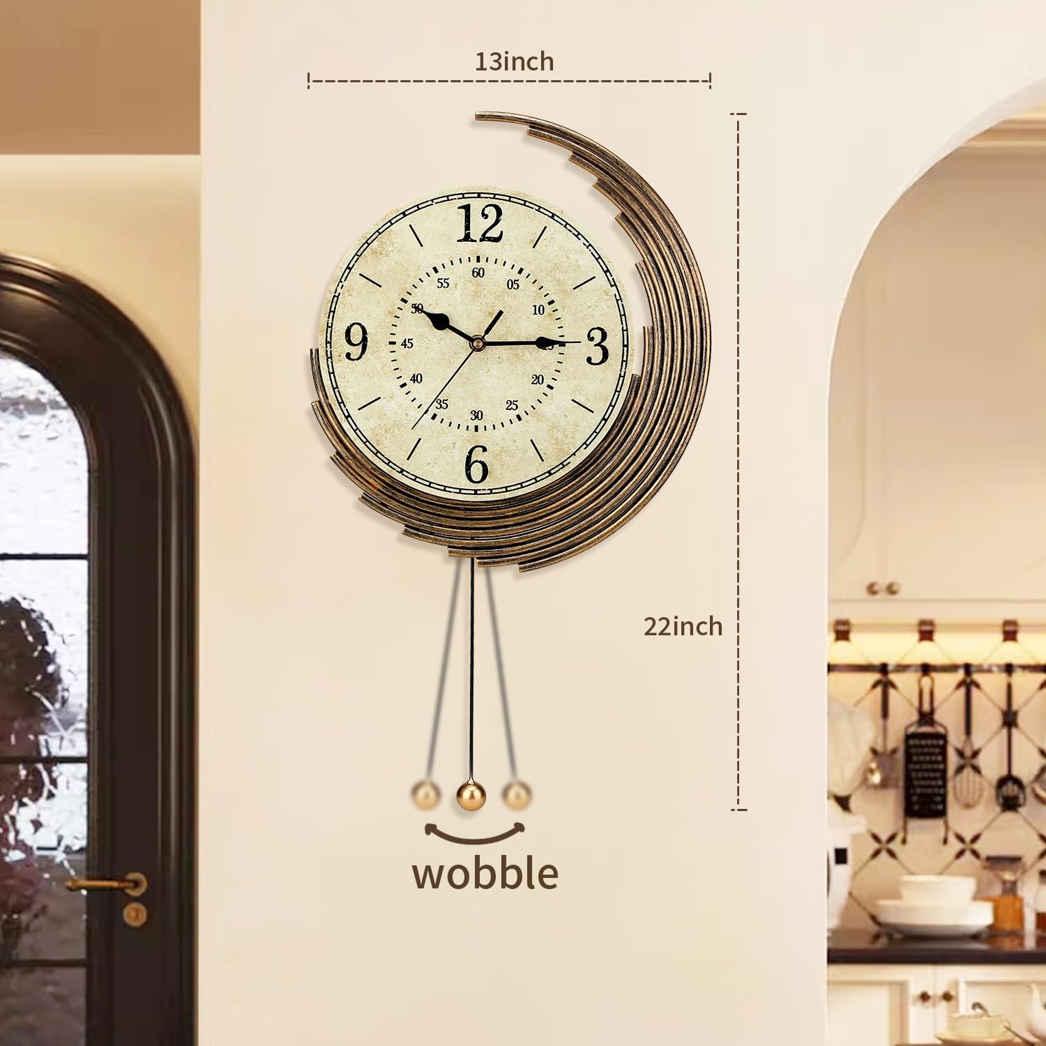 Dankeit Decorative Wall Clocks with Pendulum,Silent Quality Quartz Movement Battery Operated,Vintage Wall Clock for Living Room,Kitchen,Home,Bathroom,Bedroom Wall Decor,13x22inch,Retro Golden