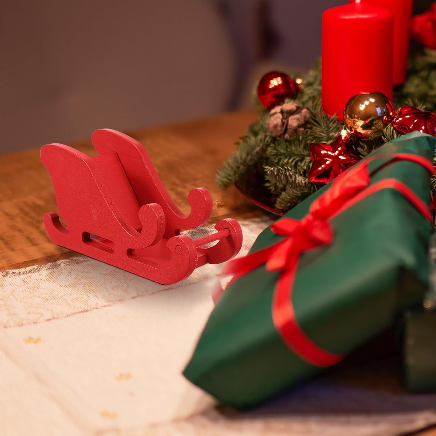Christmas Sleigh Wood Ornament Red Holiday Decor