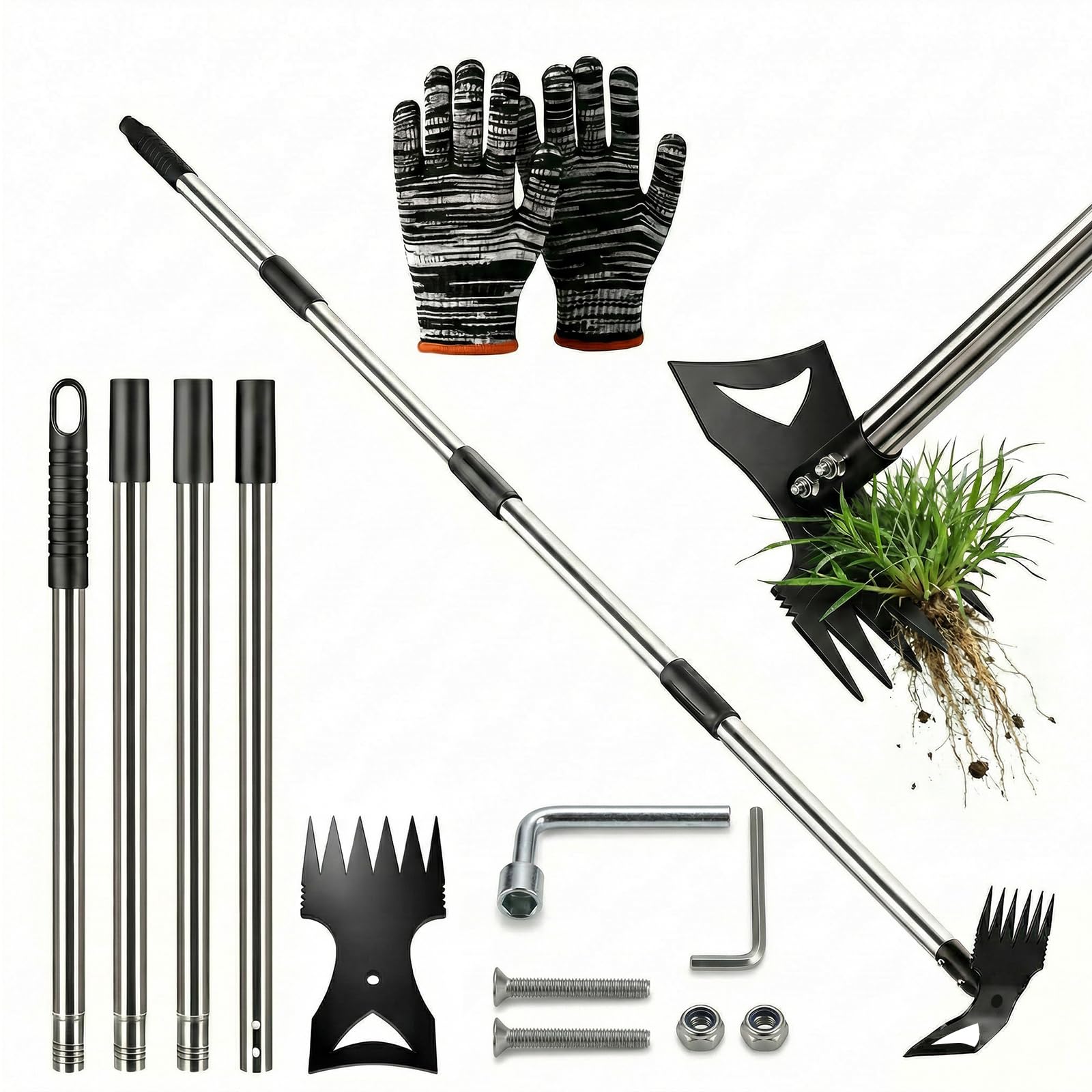 VinBee 150cm Weed Remover Tool, 2 in 1 Adjustable Manual Weeders Long Handle, Heavy Duty Manual Weed Puller Rake and Garden Hoe with Gloves, Weeding Tools for Yards, Lawns, Gardens, Patio