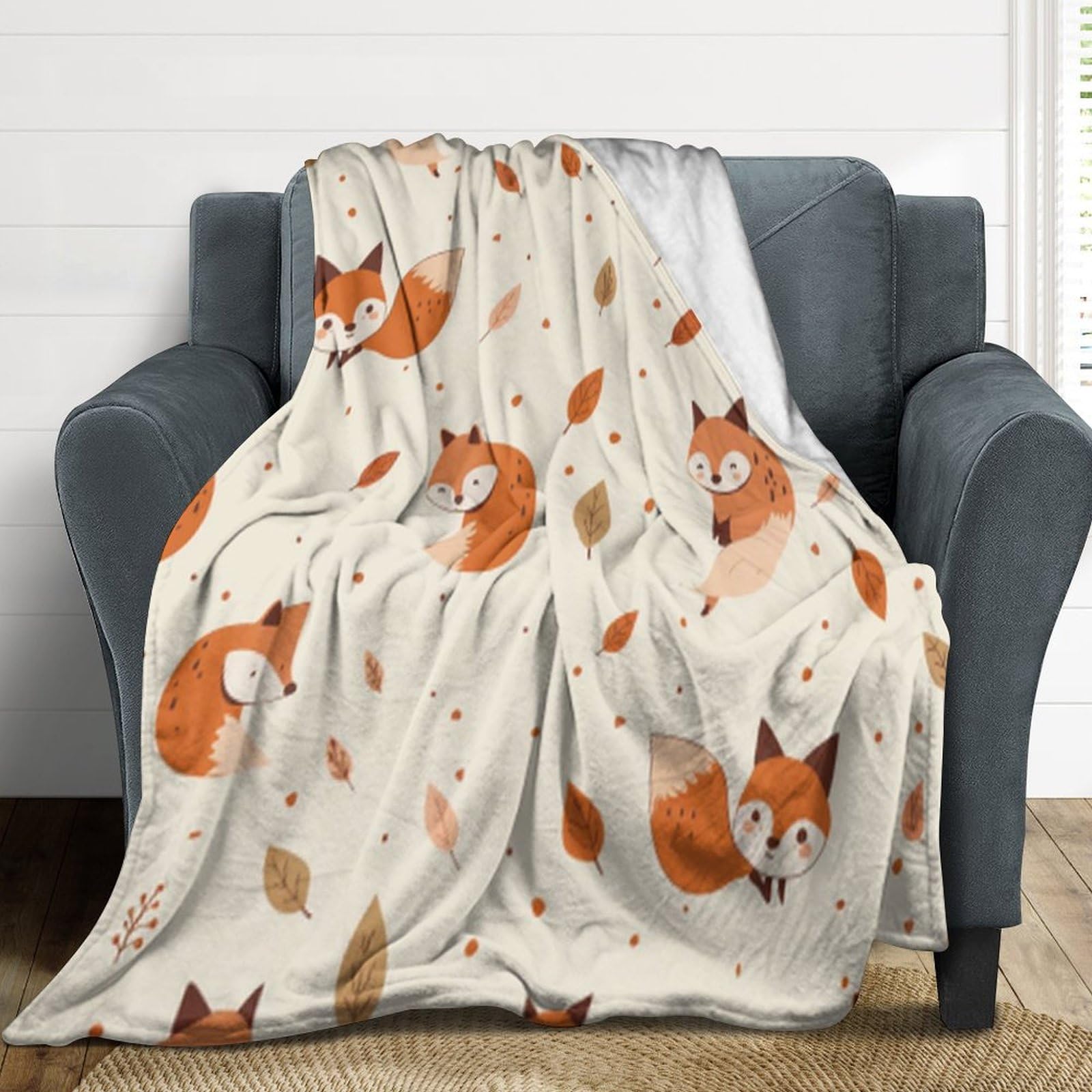 Plaid imprimé renard mignon et branches botaniques pour canapé