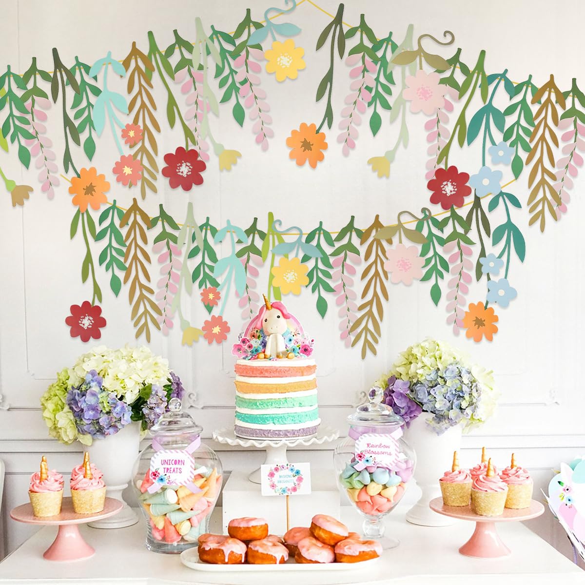 3 Pack Flower Banner, Colorful Floral Leaf Garland, Double-Sided Waterproof Boho Wildflower Party Bunting for Birthday Bridal Shower Garden Tea Party Bridal Shower Bachelorette Backdrop