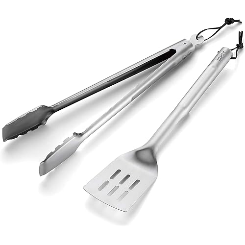 Weber 8302 2-Piece Basic Barbecue Cutlery Set, Stainless Steel, Barbecue Tongs and Spatula