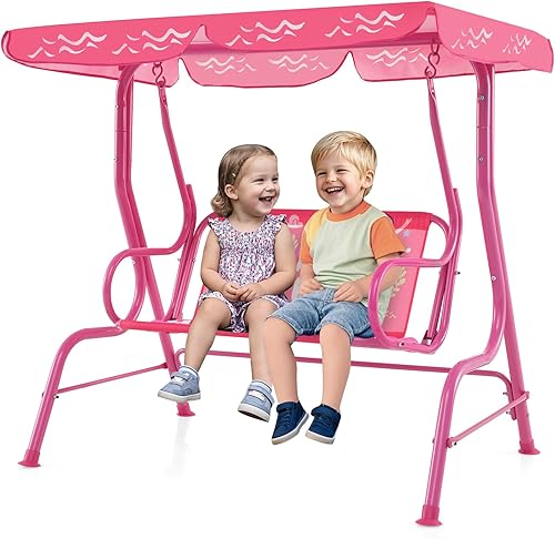 Miniatura 13 de GLACER Columpio de porche, hamaca de patio para niños con toldo ajustable y soporte, cinturón de seguridad, banco de columpio para exteriores de 2