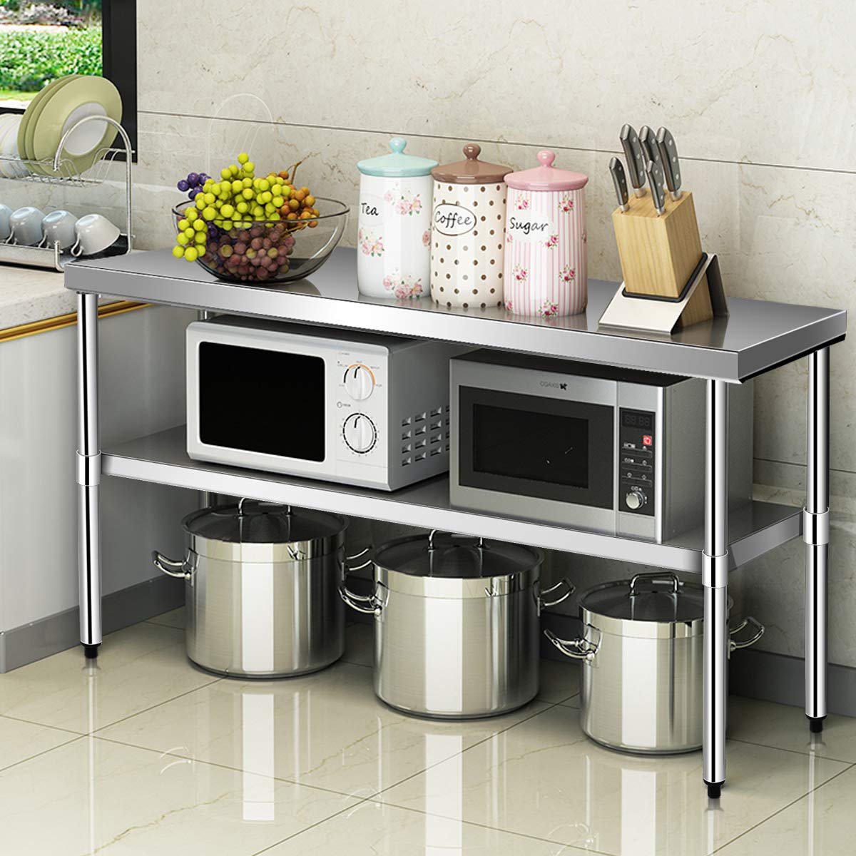 COSTWAY Tavolo da Lavoro in Acciaio Inox 122 x 61 x 90 Professionale, Bancone in Acciaio con Ripiano Regolabile, Mobile con Piano di Lavoro Preparazione di Alimenti, per Cucina e Ristorante