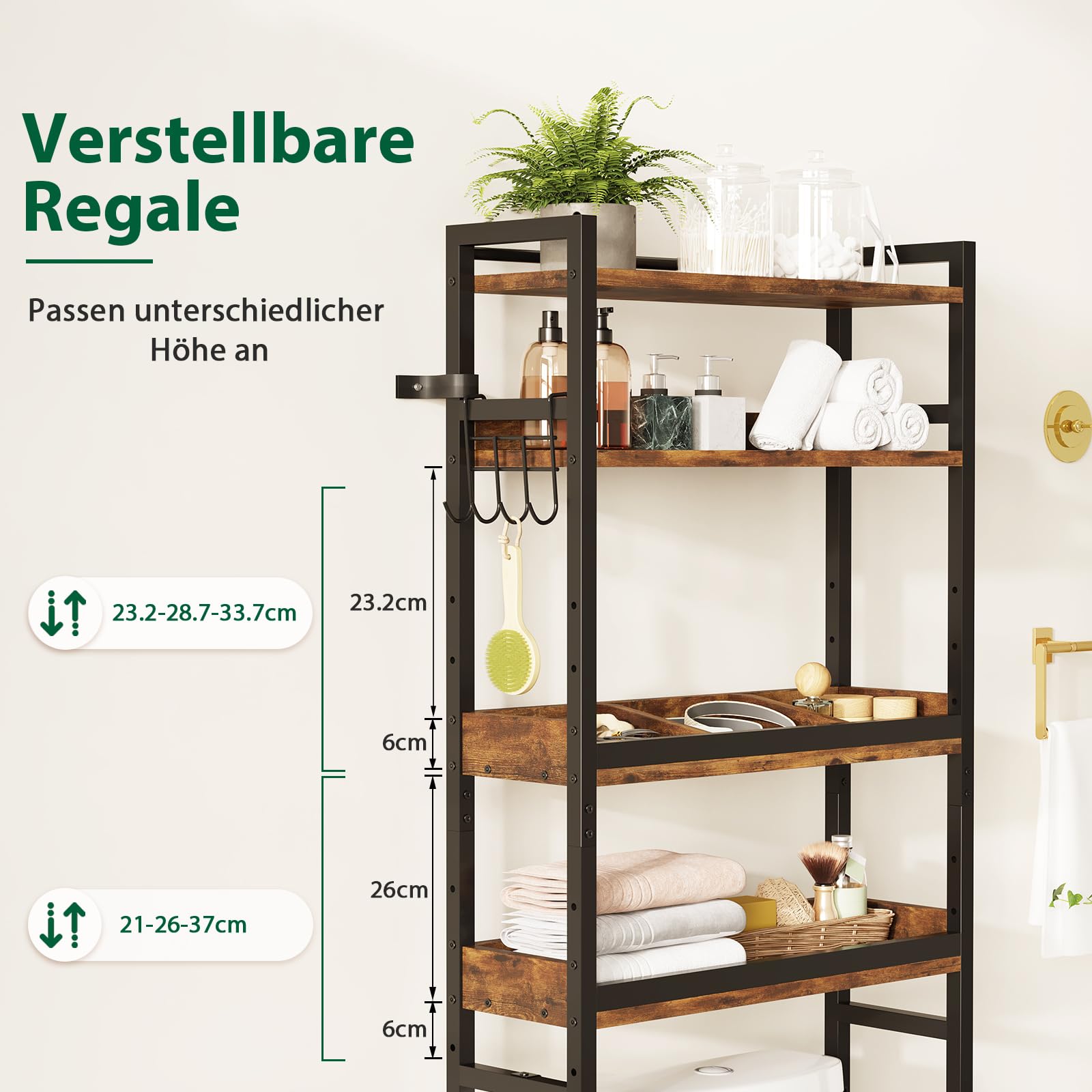 Dripex Scaffale per WC a 4 livelli, organizer da bagno sopra la toilette, scaffale per lavatrice, ripiani regolabili in altezza (marrone)