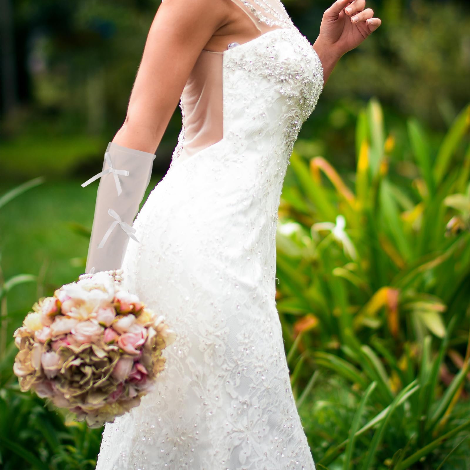 Healvian 2 Paia Guanti da Sposa Lunghi in Nailon con Fiocco, Eleganti Donna