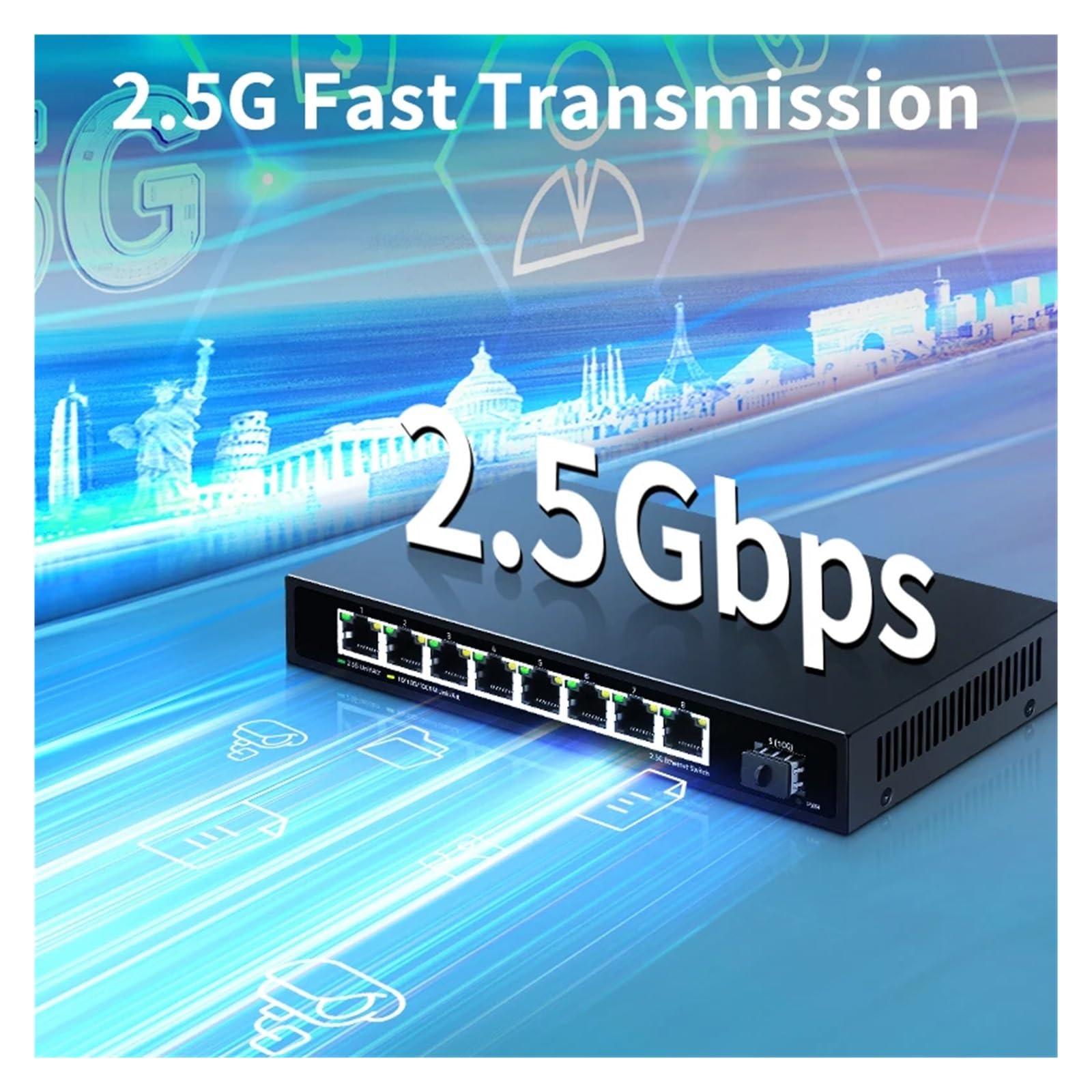 Commutateur réseau 2.5GbE à 8 ports, commutateur Ethernet 2.5Gbps, emplacement SFP + 10 go, laboratoire domestique, petite configuration, commutateur Plug and Play non géré ( Color : EU Adapter )