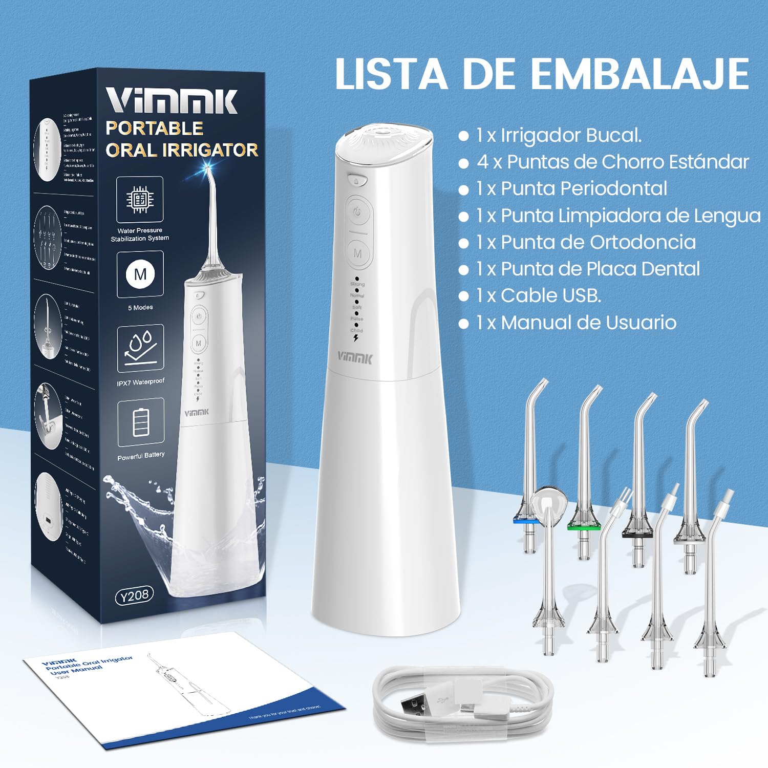 Irrigador Bucal Portatil, Vimmk Irrigador Dental Inalámbrico Profesional 8 Boquillas 5 Modos, IPX7 Impermeable 300ML USB-C Recargable Para Limpieza Dientes, Para el Hogar y los Viajes (Blanco)