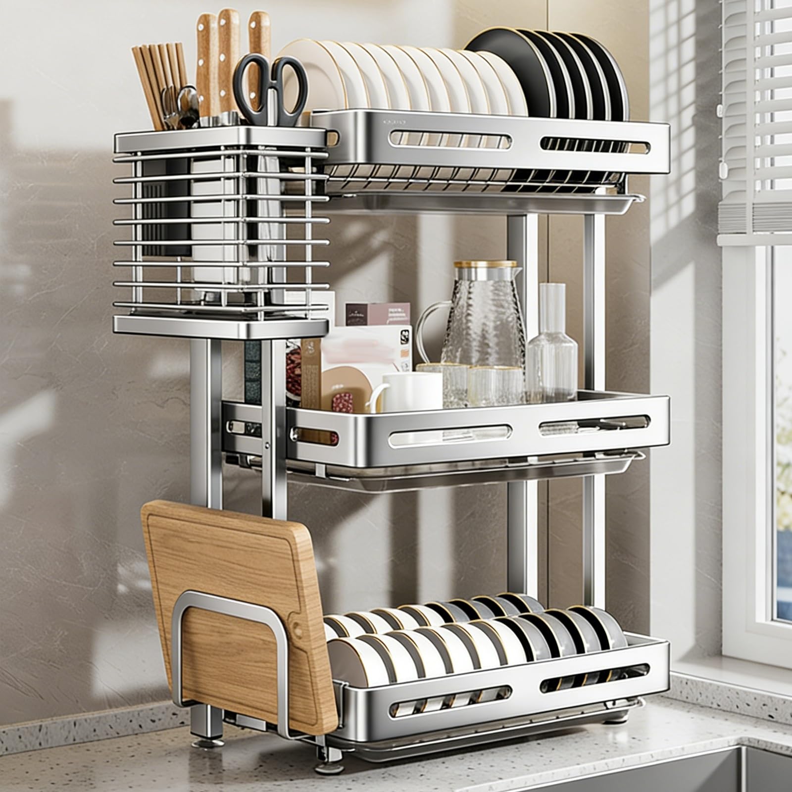 Scolapiatti da appoggio/a Parete, Pieghevole in Acciaio Inox con Vassoio raccogligocce, Non Richiede Installazione, Grande capacità (Modello da appoggio a 3 Livelli)