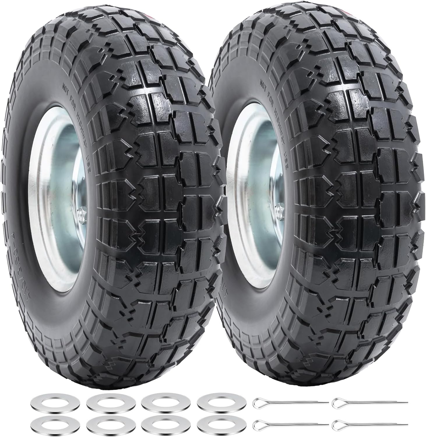 10” Solid Tires, 4.10/3.50-4” Flat Free Tires and Wheels with 5/8” Axle Bore Hole and Double Sealed Bearings Compatible with Hand Truck Wheelbarrow Tire Lawn Mower Tire (Silver, 2PCS) P-092