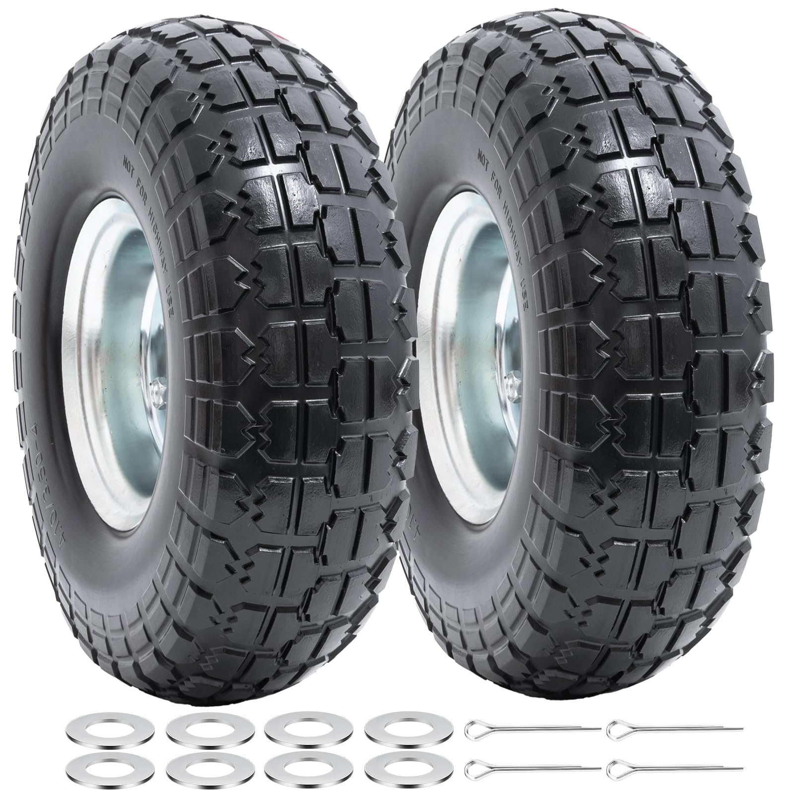 2-PCS 4.10/3.50-4 Reifen Pannensichere 4.10-4 3.50-4 Vollreifen mit 5/8 Zoll Achsbohrung und doppelt abgedichteten Lagern, kompatibel 4.10 3.50-4 Sackkarren, Schubkarren, Rasenmäher reifen| Silber