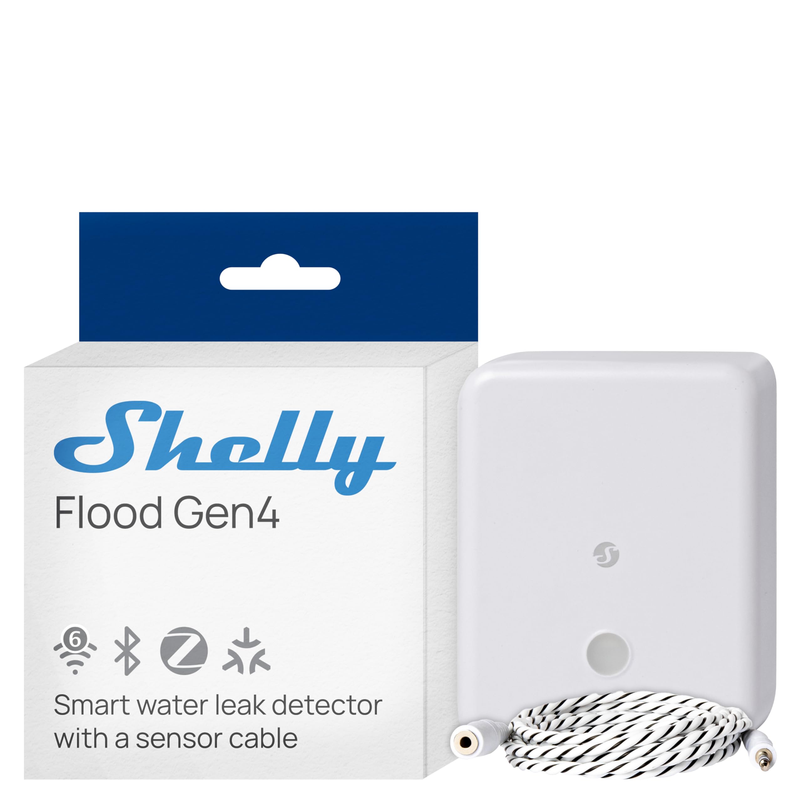 Shelly Flood Gen4 - Smarter Matter Wassersensor mit Leck-Sensorkabel, IP44, Flut- & Regenerkennung, Anpassbare Alarmstufen, Leckerkennung, Zeitschaltuhr, Alexa, Google Home & Zigbee