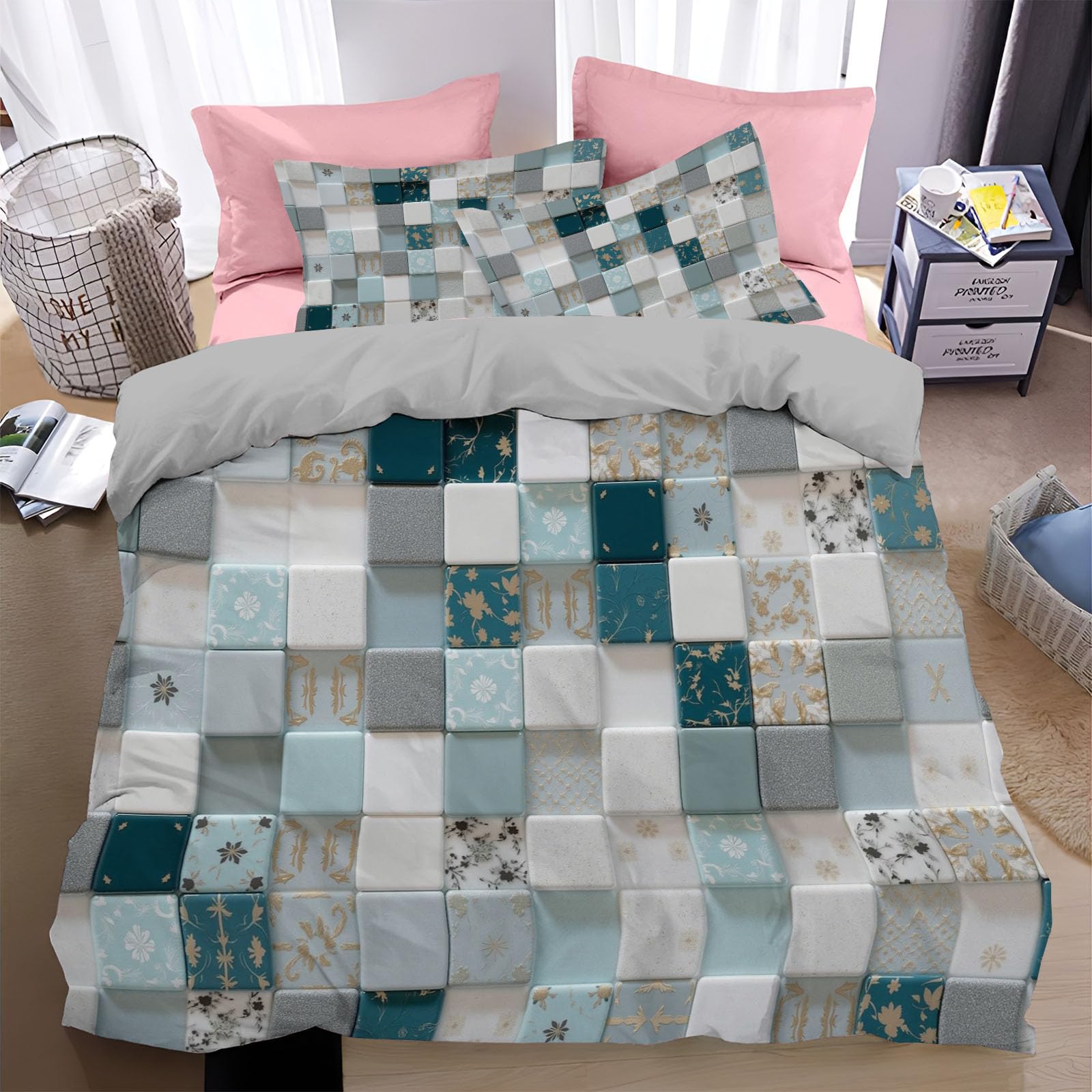 Housse de couette 220x240cm gris mosaïque avec ses deux taies d'oreiller en microfibre