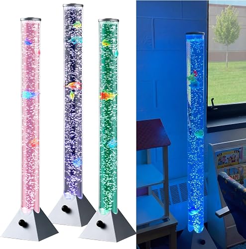 3 ft Sensory Lamp Light for Autistic Sensory Bubble Tube Calming Lamp for Classroom Aquarium Fish Task with 4 Floating Fish 7 Color Light Effects for Autism ADHD Stress & Anxiety Relief