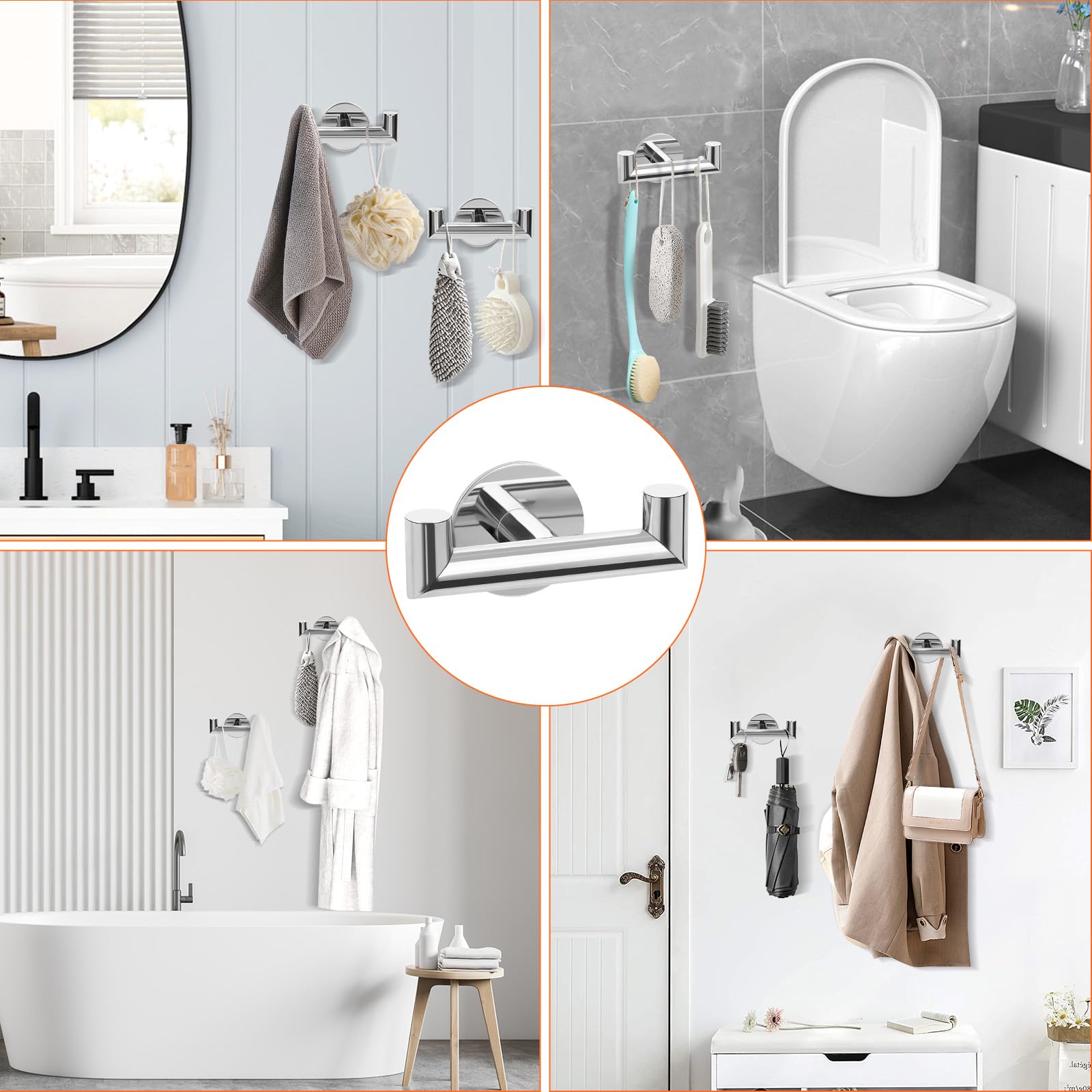 YUET Ganchos Doble Adhesivos para Pared, 2 Piezas Soporte de Pared para Toallas de Baño Albornoz Trapos, Acero Inoxidable, Colgador sin Taladrar Cocina, Cromado