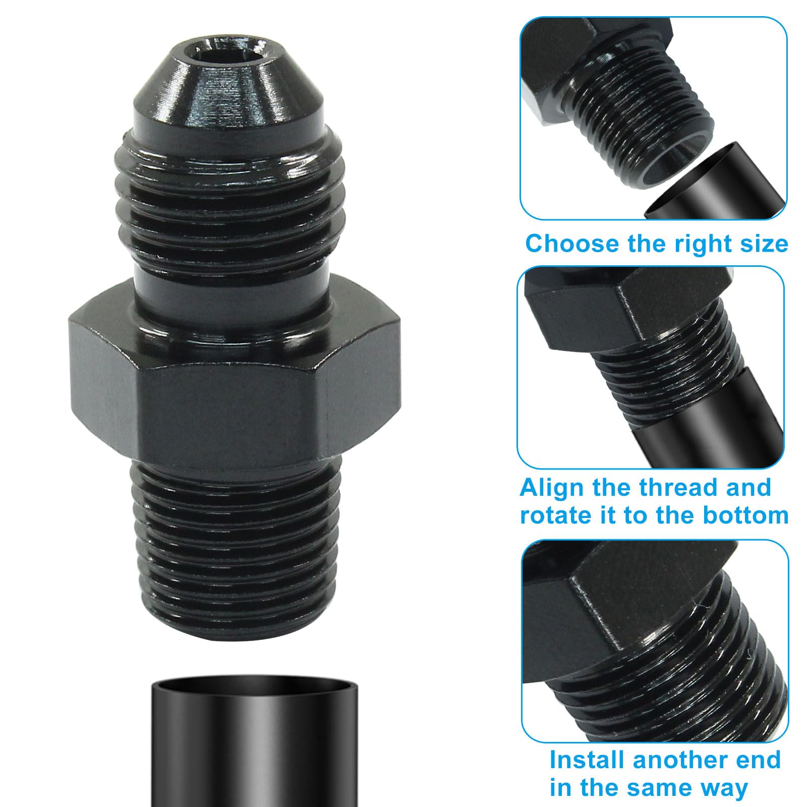 Waziaqoc 4 adaptadores de tubería 4AN macho a NPT de 1/8 pulgadas, 7/16-20UNF aluminio recto negro