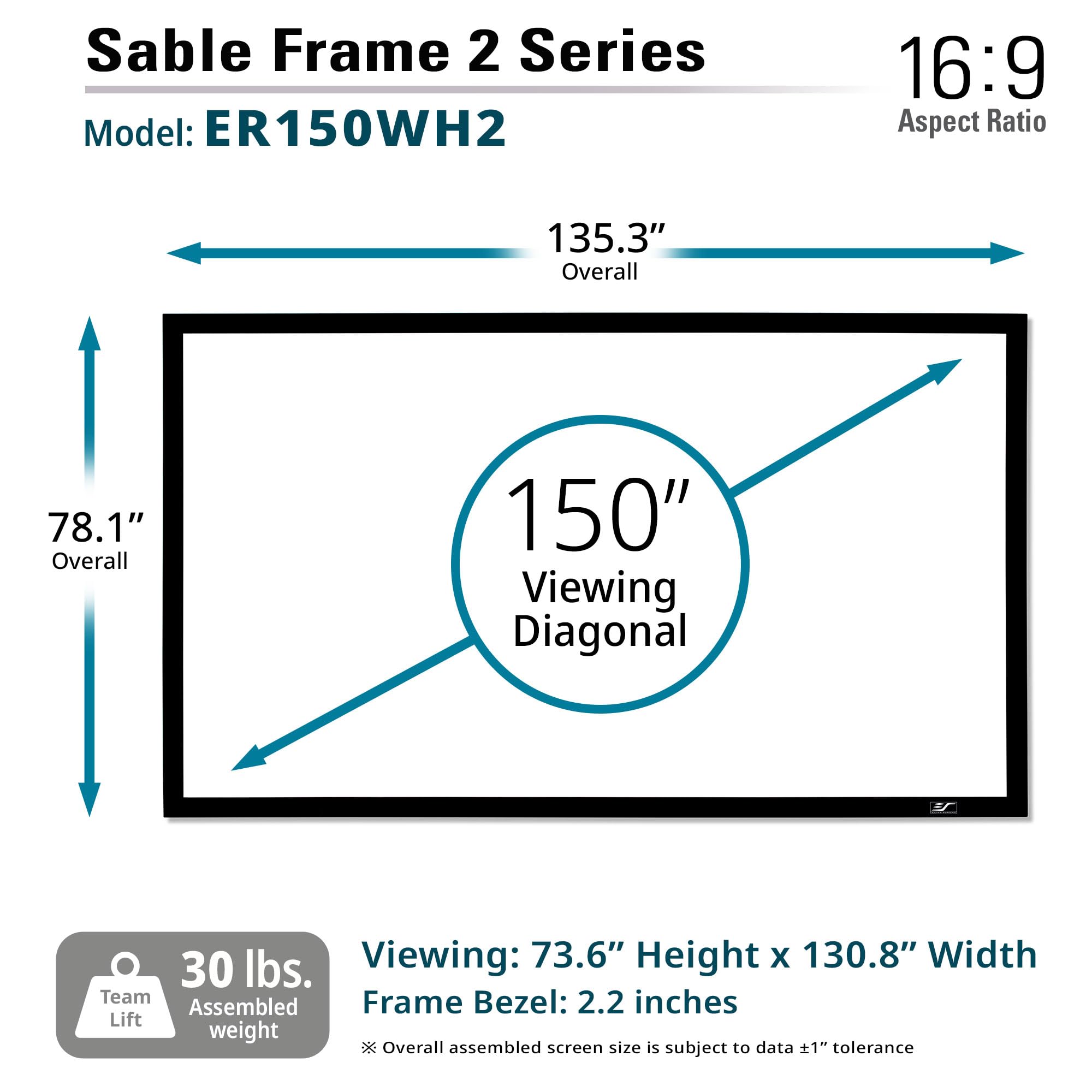 Elite Screens Sable Frame 2, 150-Inch Fixed Frame Projector Screen, 16:9 8K/4K Ultra HD & Active 3D Ready, ISF-Certified Material, Ideal for Home Theater, Office, and Indoor Presentations, ER150WH2