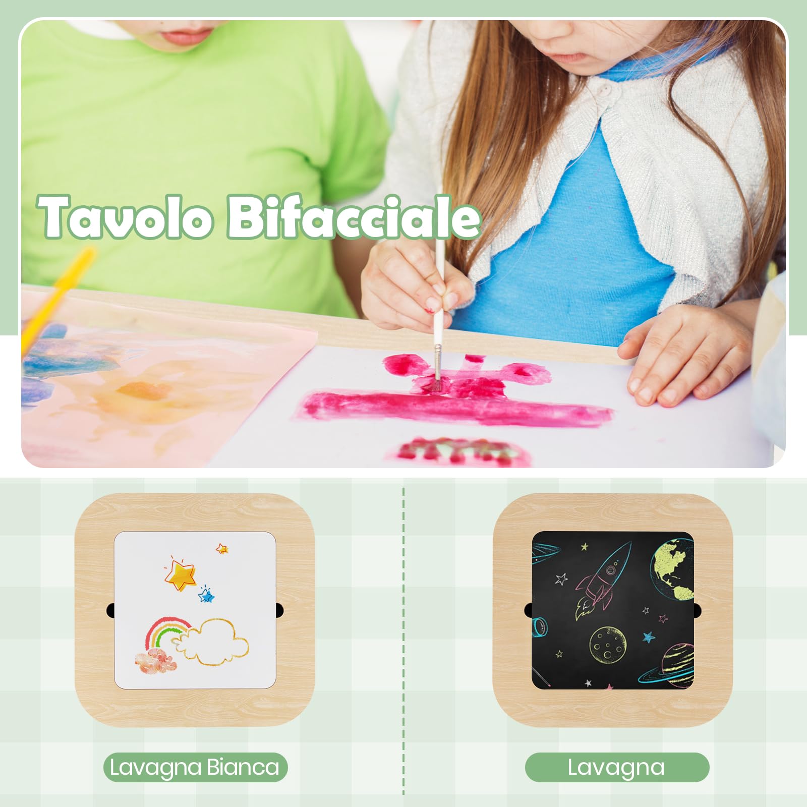 RELAX4LIFE Set Tavolo e 2 Sedie per Bambini, con Lavagna a Doppia Faccia e Spazio per Giocattoli, Tavolino Multiattività in Legno con 2 Sedie per Bambini da 3-6 Anni, per Cameretta (Naturale)