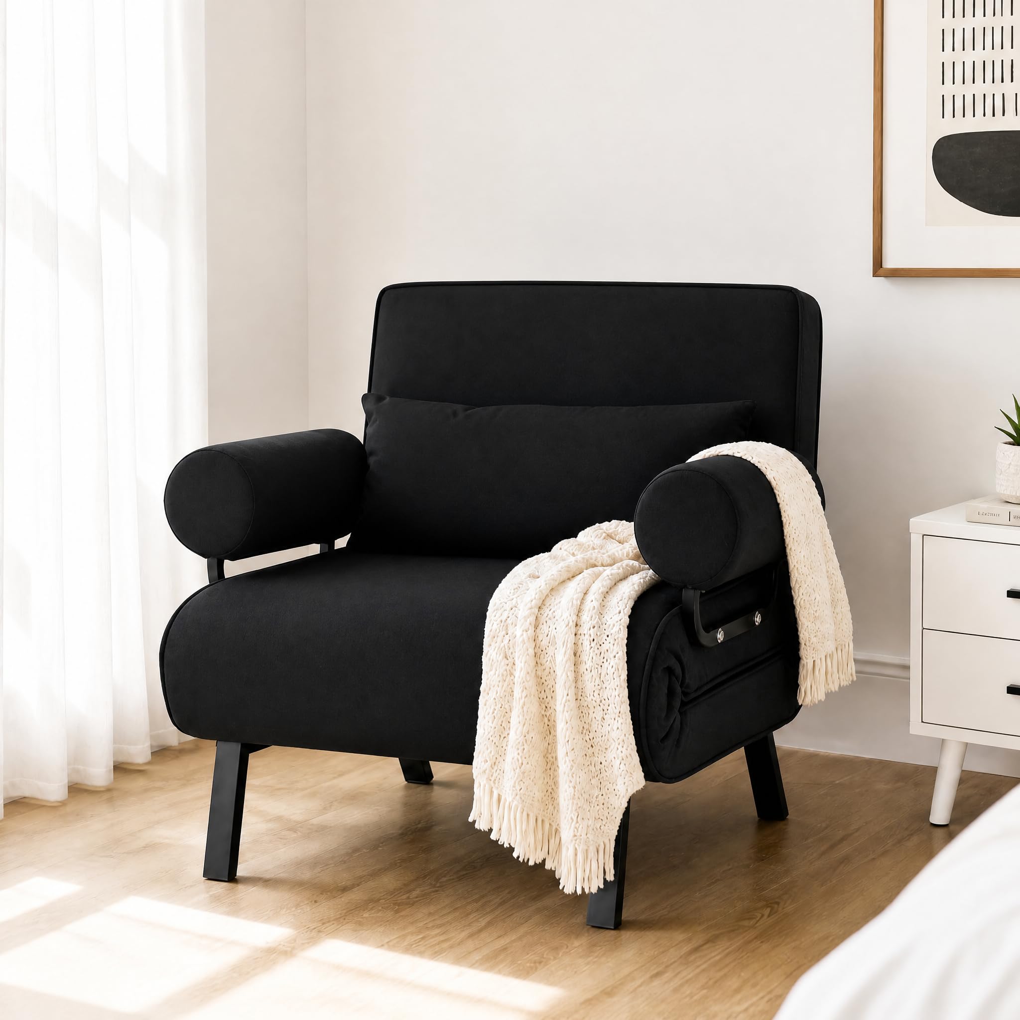 Folding Sofa Bed with Upgraded Thick-Padded Armrests & Pillow, 4-in-1 Convertible Sofa Chair Bed w/ 6-Position Adjustable Backrest, Sturdy Metal Frame, Portable Guest Bed for Home (Black, 100cm wide) — image 1