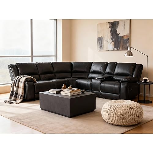 Modular Sectional Sofa L-Shaped PU Leather Sofa Sets Manual Reclining Sectional Couches for Living Room Sofas para Sala, Black