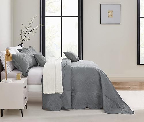 Miniatura 3 de Colcha extragrande tamaño King, funda de cama ligera ultrasónica, patrón de cachemira, reversible, 5 piezas, 100% microfibra, KingCal King, gris