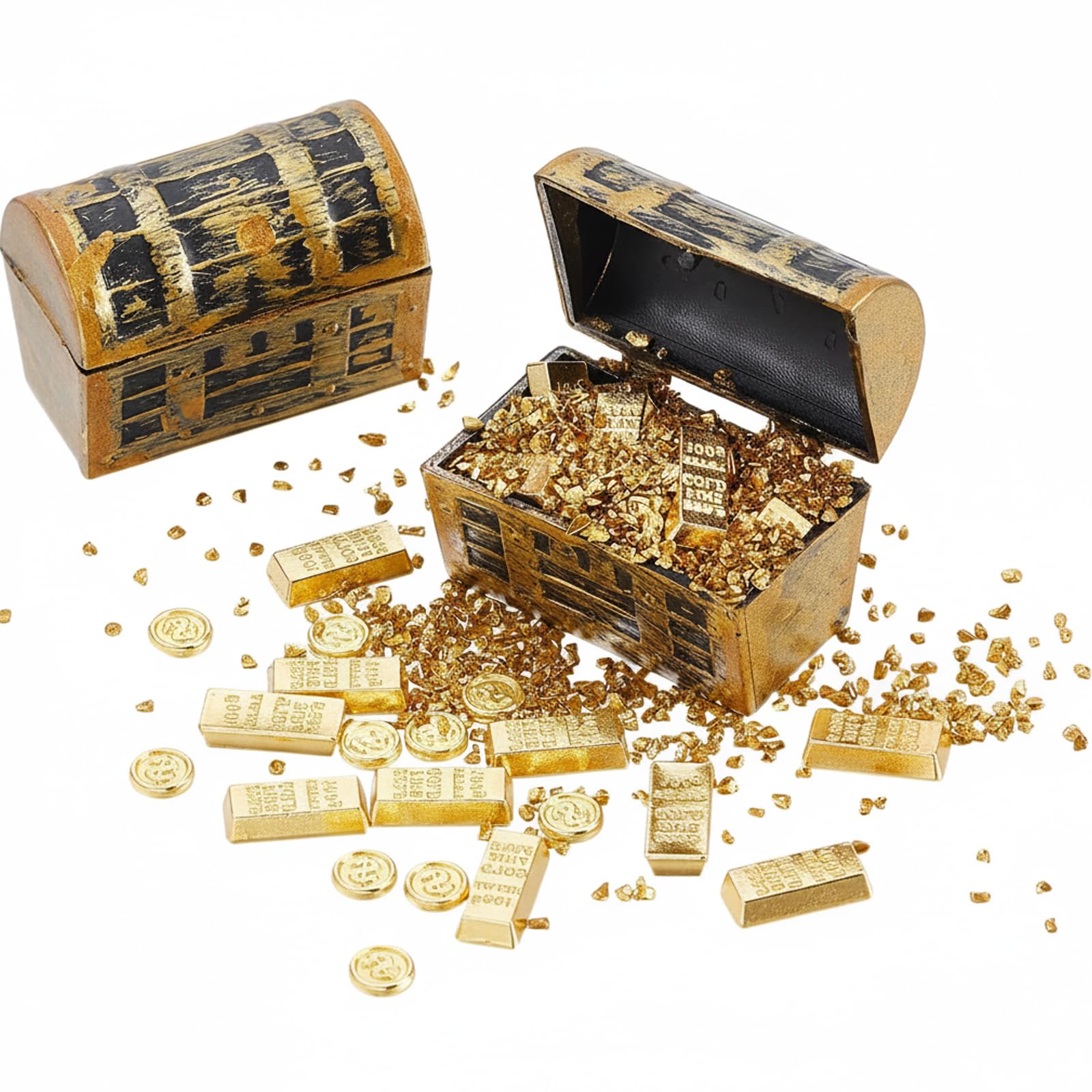 2-Set Mini Treasure Chest with Faux Gold Bars and Pirate Coins, 3.8cm Small Miniature Treasure Chest for Diorama Props and Board Game Accessories