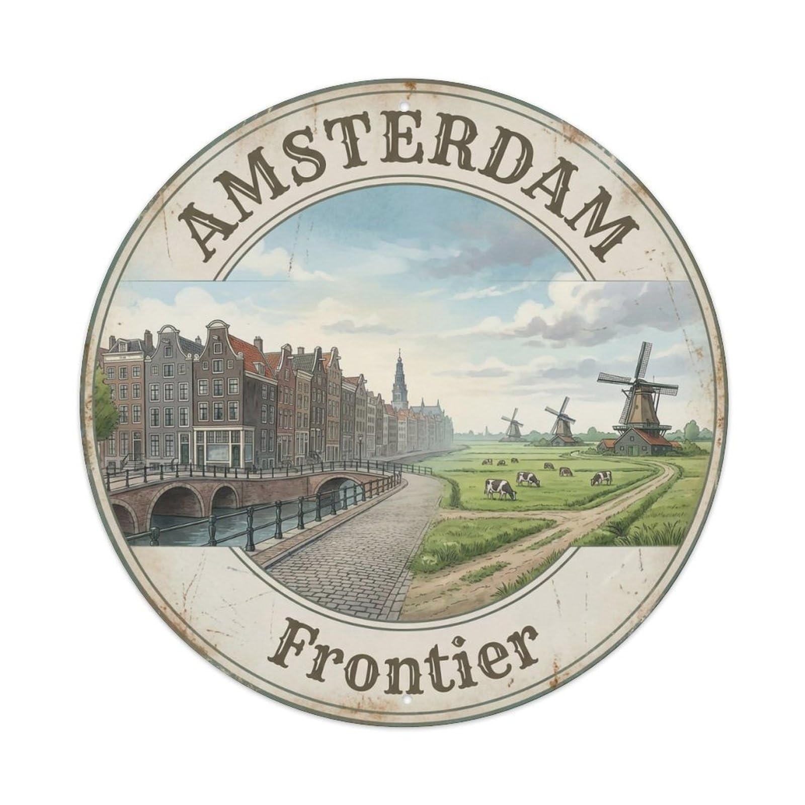 Vintage Travel Amsterdam Netherlands Border Metal Tin Sign