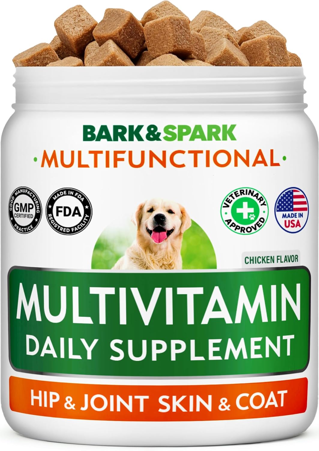 BARK&SPARK Dog Multivitamin Chews Glucosamine Chondroitin with Omega 3, Digestive Enzymes & Probiotics | Vitamins and Supplements for Dogs Pet Skin & Coat & Joint & Gut Health Support – 120ct