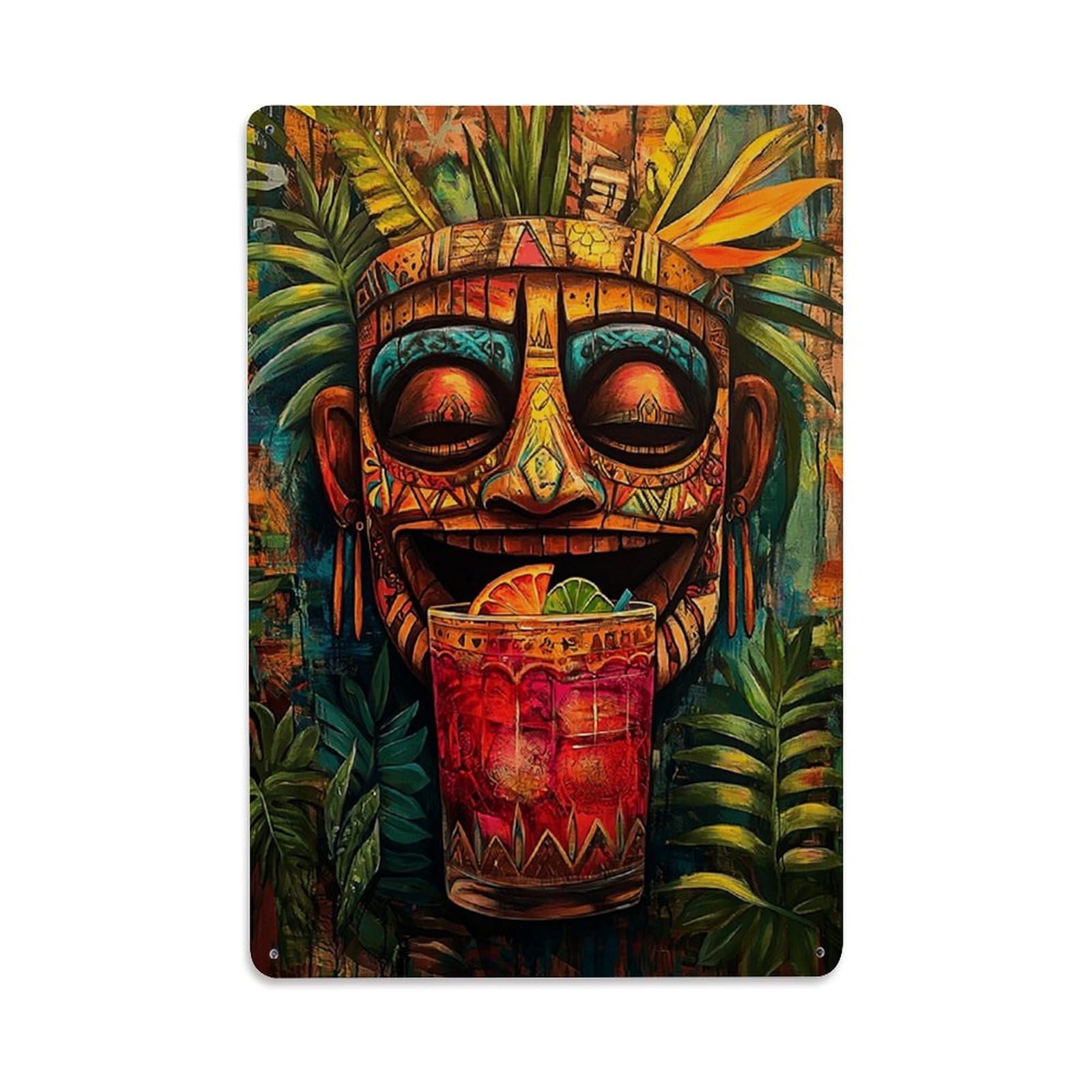 Tropical Tiki Mask Cocktail Art Retro Metal Tin Sign, Vintage Decor Art Poster for Bar, Home, Man Cave, Kitchen, Laundry Room Gift 8x12Inch