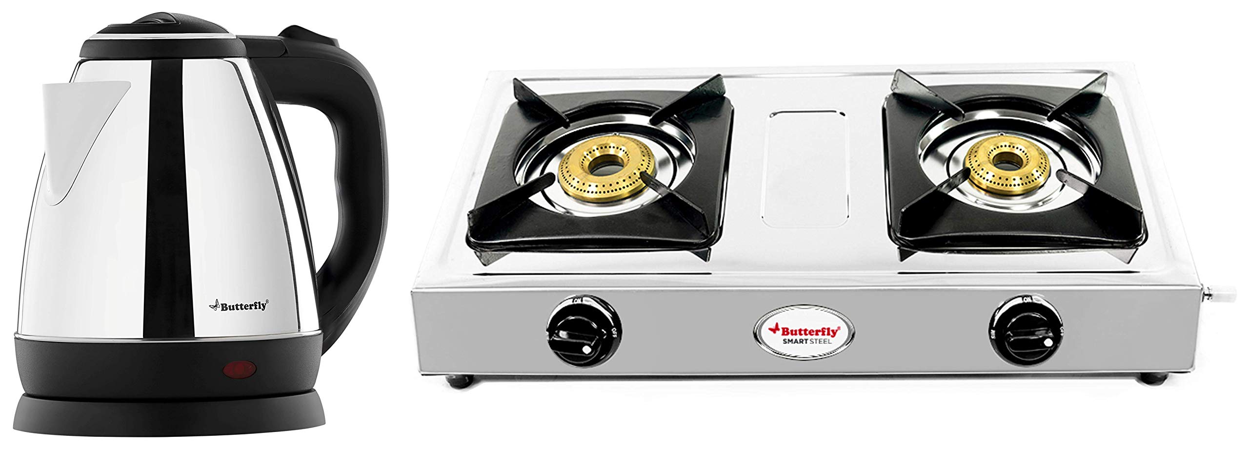 Butterfly EKN 1.5-Litre Water Kettle (Silver with Black) & Butterfly Smart Stainless Steel 2 Burner Gas Stove, Manual Ignition, Sliver