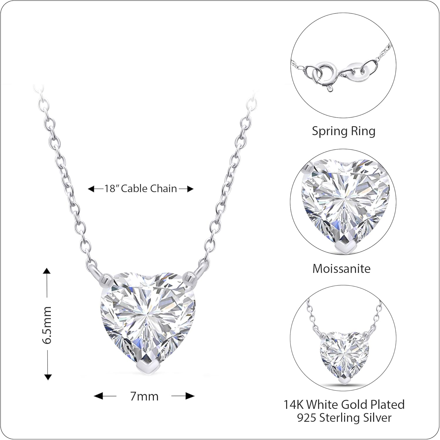 Heart Pendant Necklace for Women, 6.5MM to 9MM Lab Created Moissanite Solitaire Pendant Necklace in 14K Gold Plated Sterling Silver Jewelry for Women - Image 2